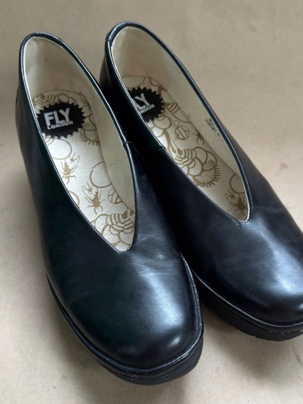 FLY London Black Wedge Slip-On Loafers